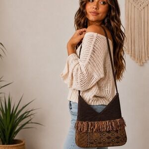 Boho Fringe Tapestry Shoulder Bag Brown Southwestern Festival Purse